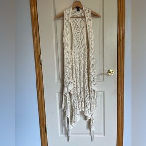 Rue21 Boho Crochet Fringe Sleeveless Crochet Long Vest Cardigan Bohemian 1 Size